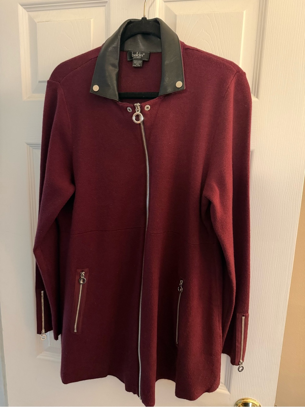 Belldini Women's Burgundy Zip-Front Trench Coat with Black Faux Leather Collar